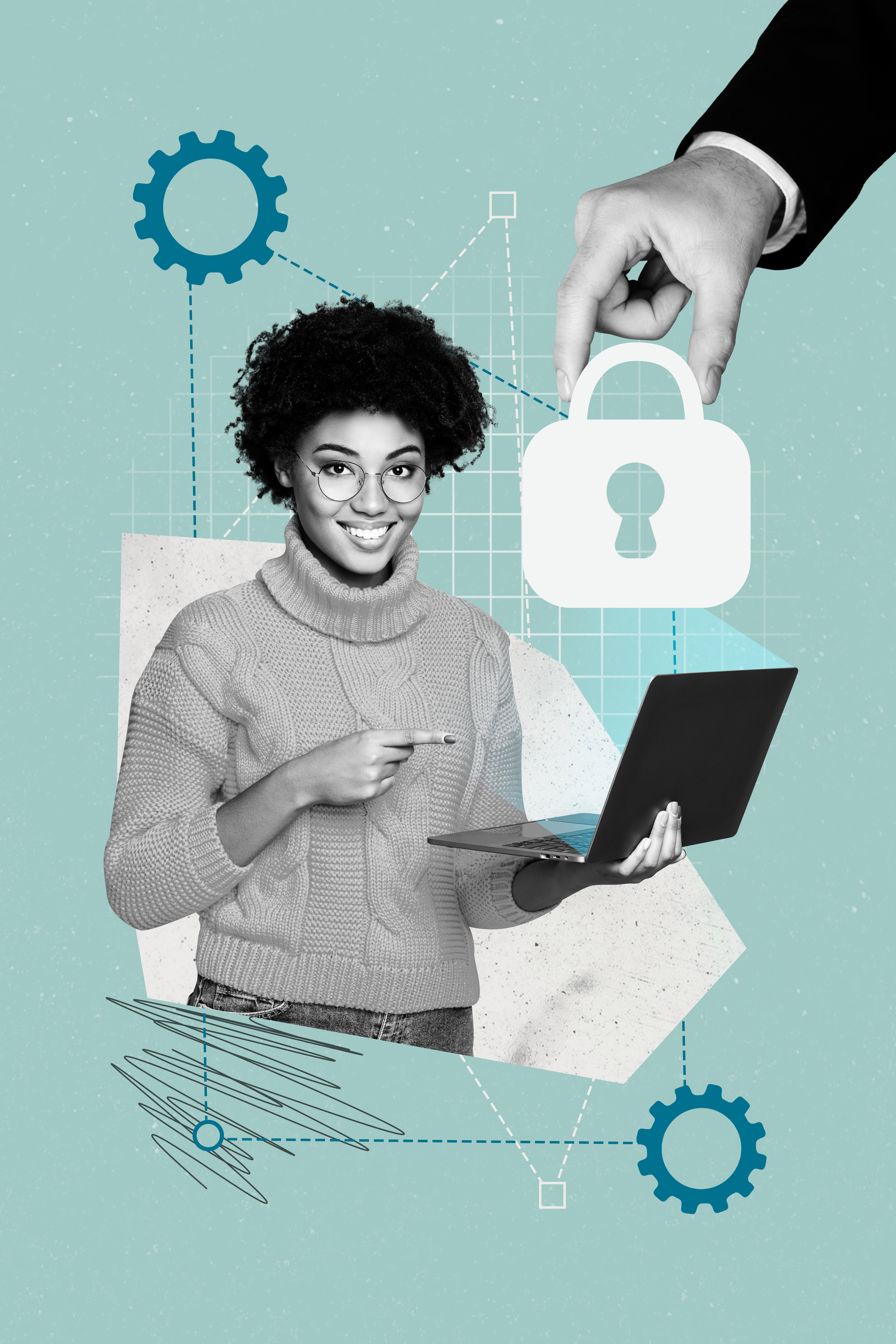 Vertical collage picture young standing woman pointing laptop antivirus protection shield hacking malware avoid user safety cyber security